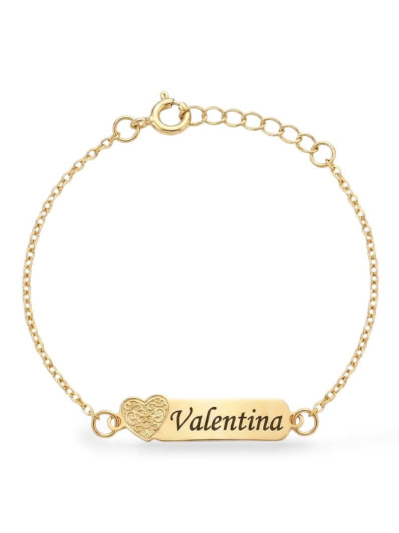 Pulseira Infantil Folheada a Ouro 18k Placa Com Coração e Nomes Femininos