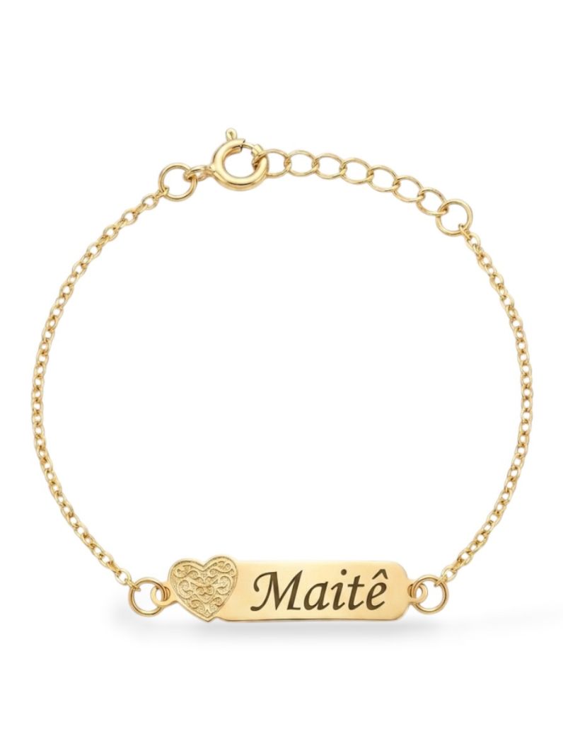 Pulseira Infantil Folheada a Ouro 18k Placa Com Coração e Nomes Femininos