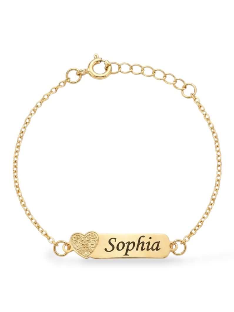Pulseira Infantil Folheada a Ouro 18k Placa Com Coração e Nomes Femininos