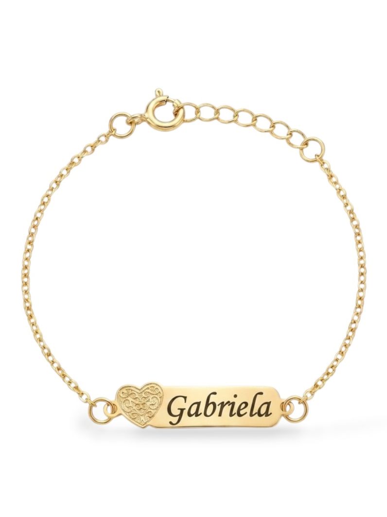 Pulseira Infantil Folheada a Ouro 18k Placa Com Coração e Nomes Femininos