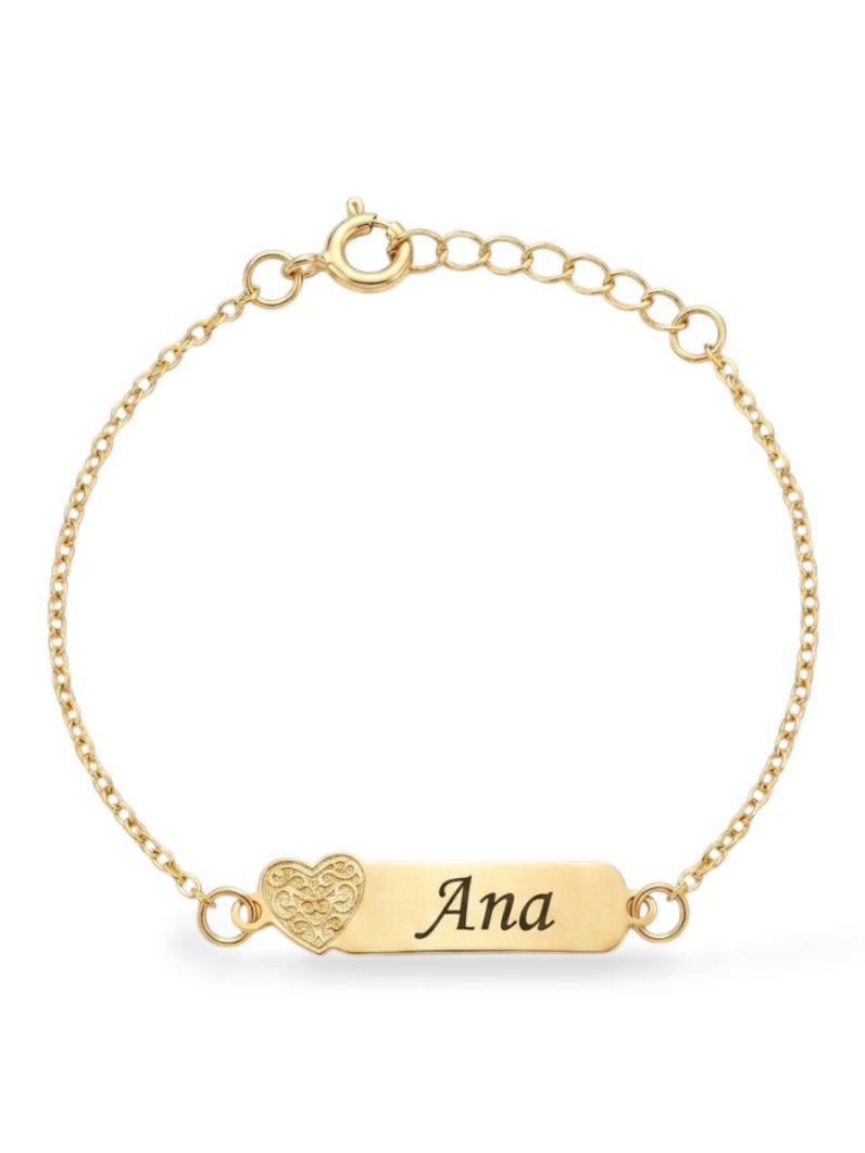Pulseira Infantil Folheada a Ouro 18k Placa Com Coração e Nomes Femininos
