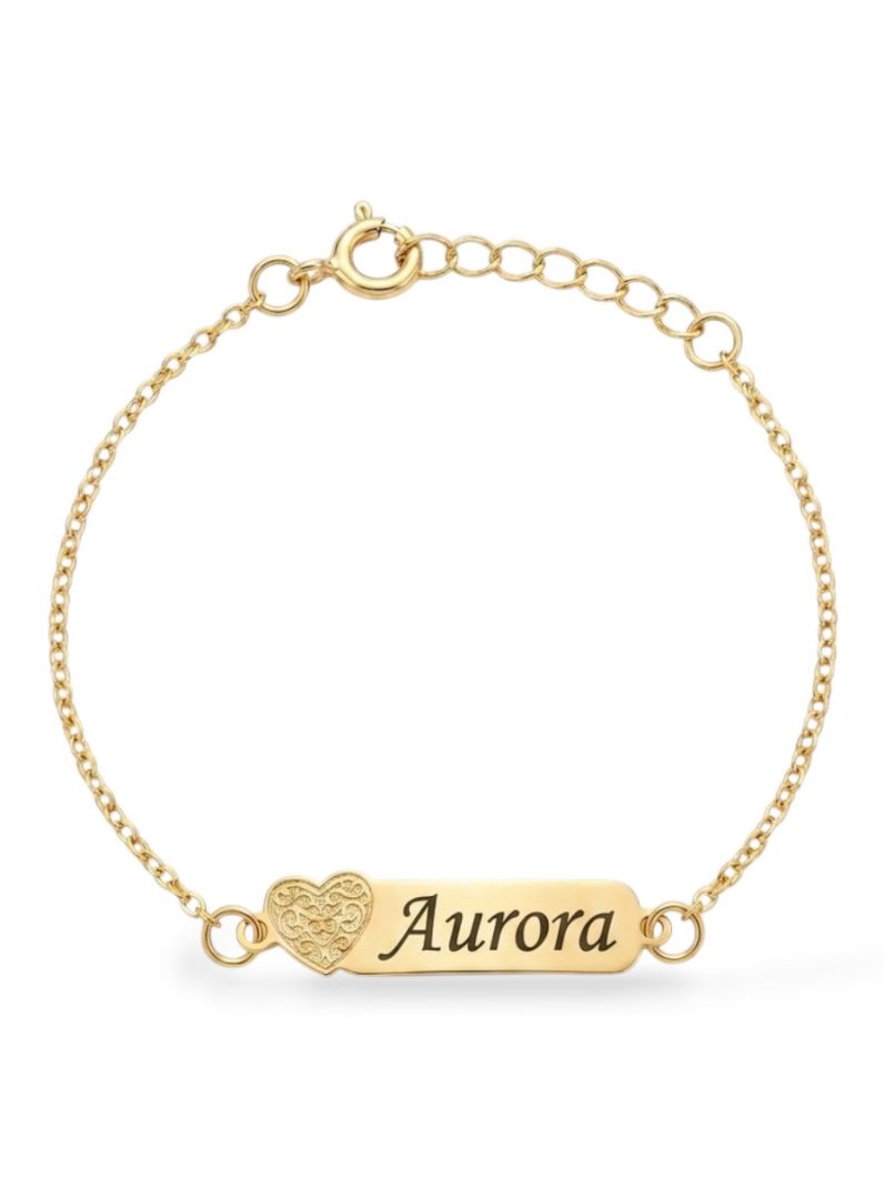 Pulseira Infantil Folheada a Ouro 18k Placa Com Coração e Nomes Femininos