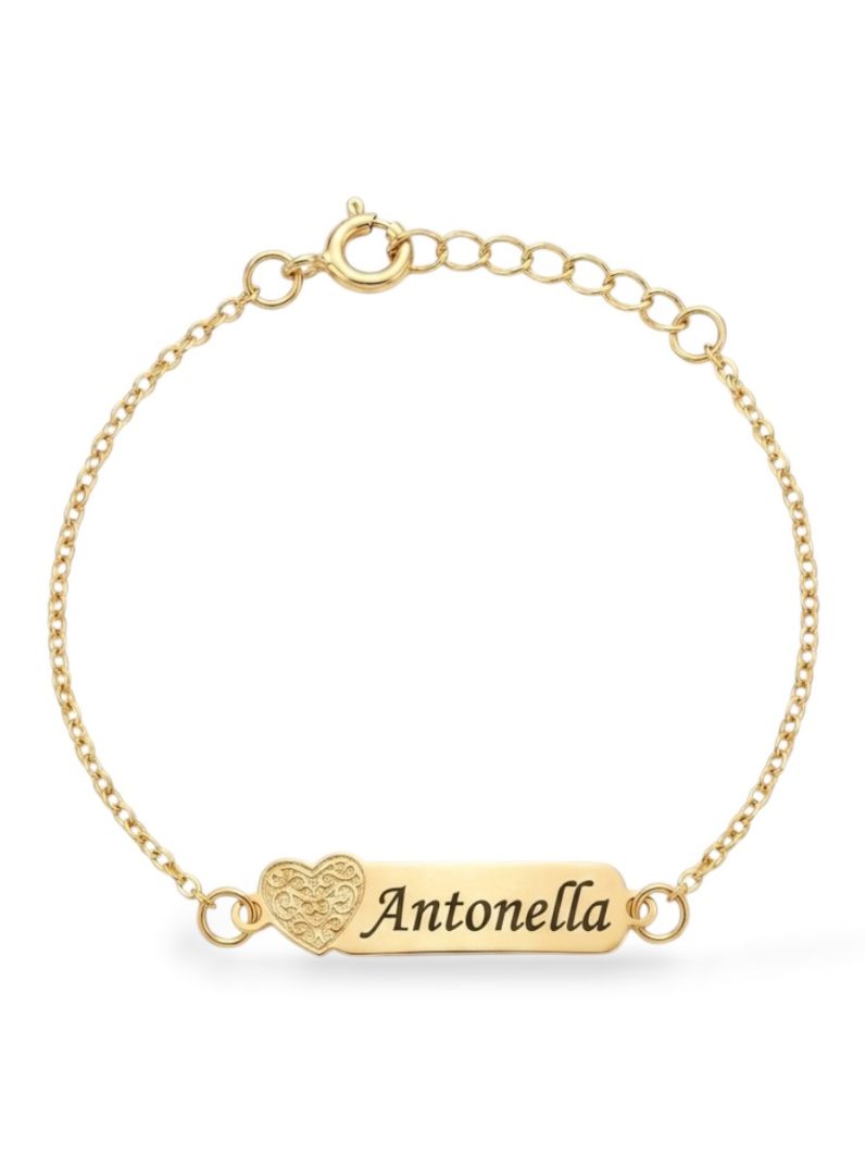 Pulseira Infantil Folheada a Ouro 18k Placa Com Coração e Nomes Femininos