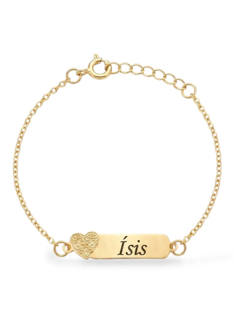 Pulseira Infantil Folheada a Ouro 18k Placa Com Coração e Nomes Femininos
