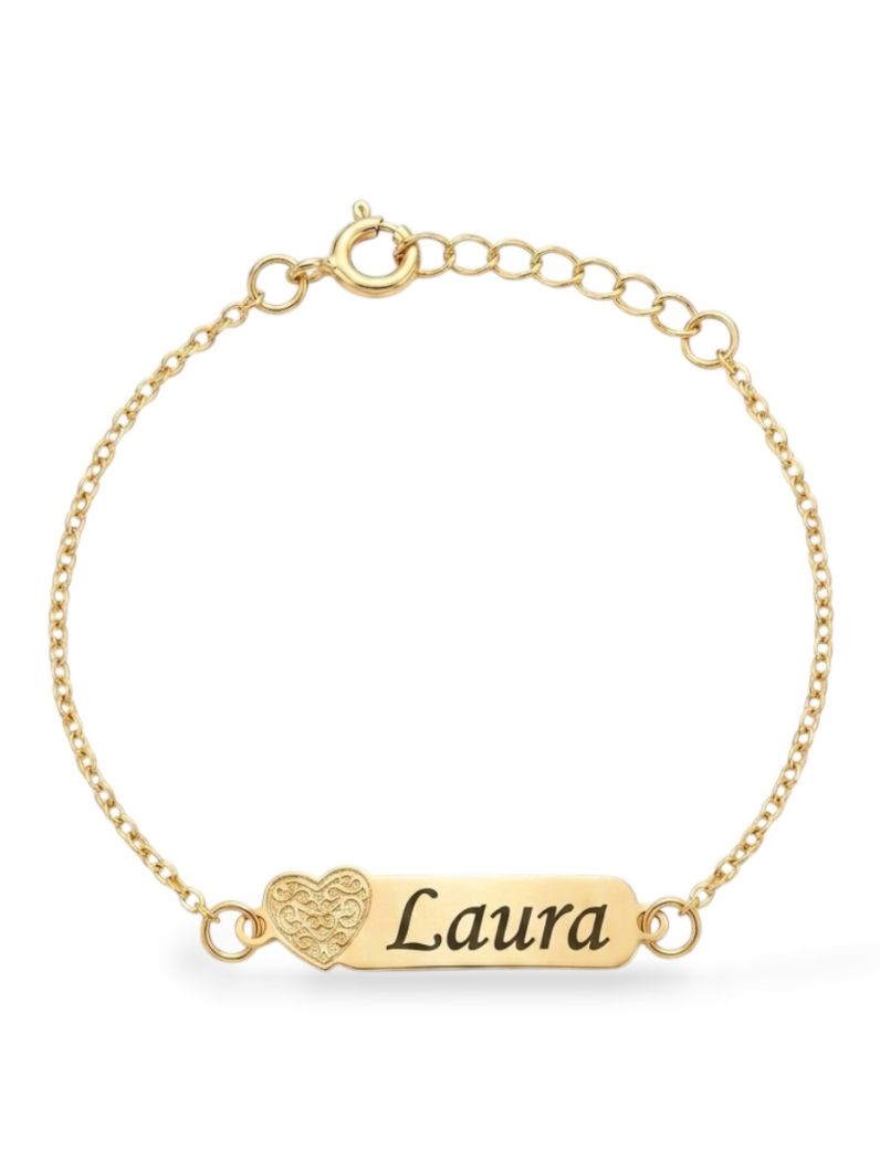 Pulseira Infantil Folheada a Ouro 18k Placa Com Coração e Nomes Femininos