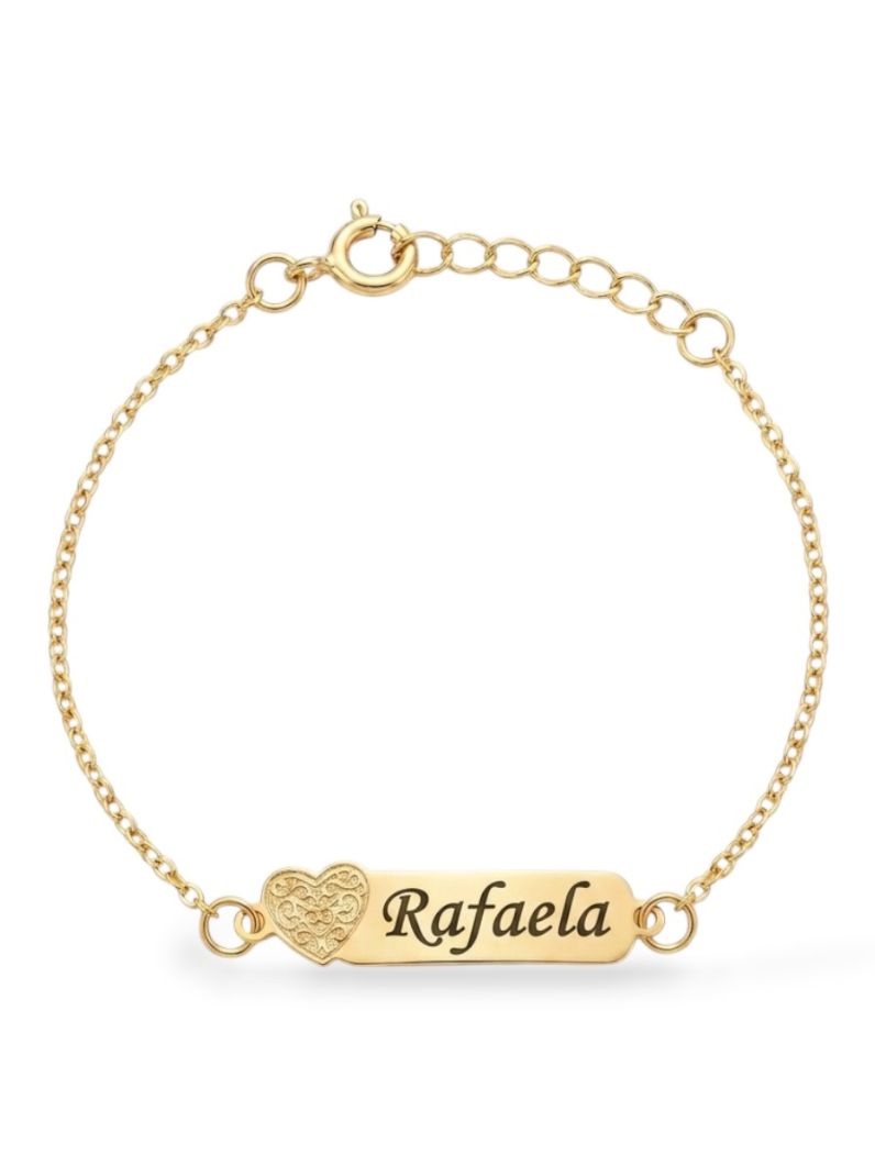 Pulseira Infantil Folheada a Ouro 18k Placa Com Coração e Nomes Femininos