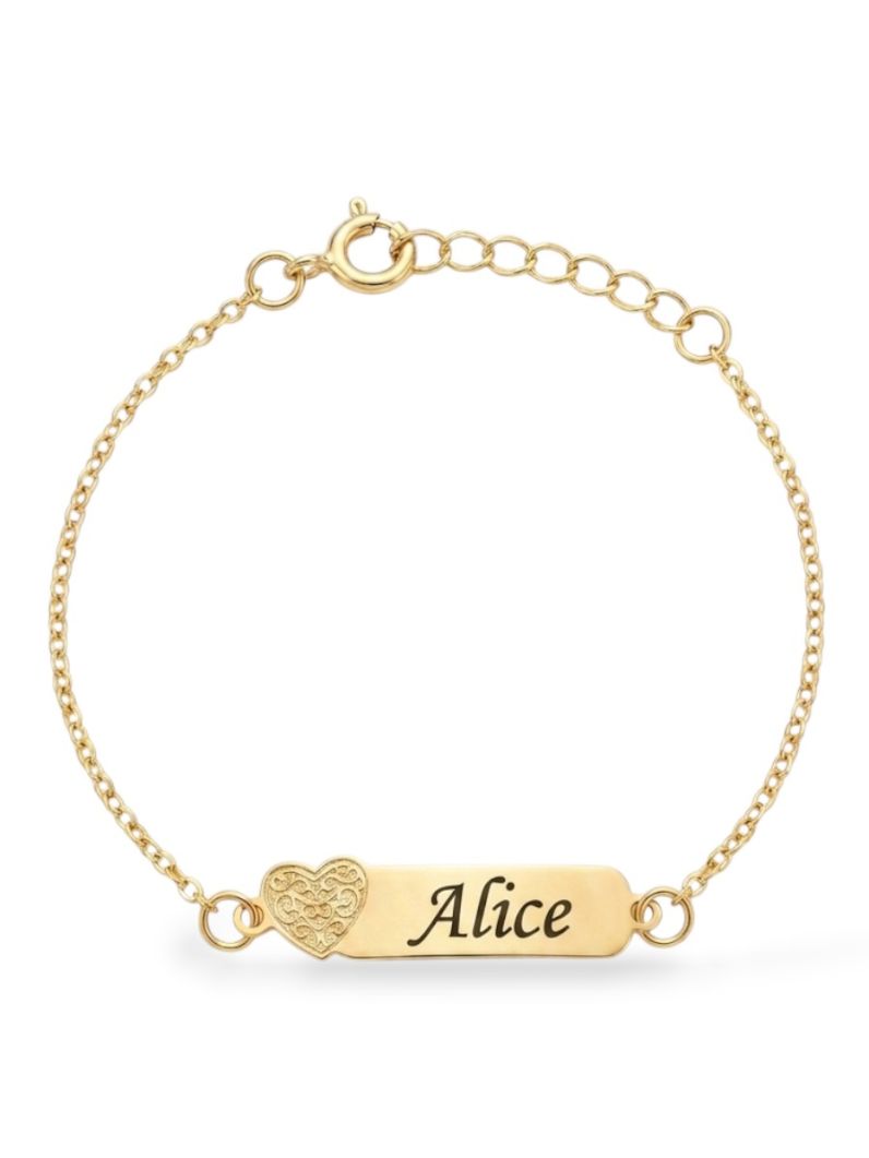 Pulseira Infantil Folheada a Ouro 18k Placa Com Coração e Nomes Femininos