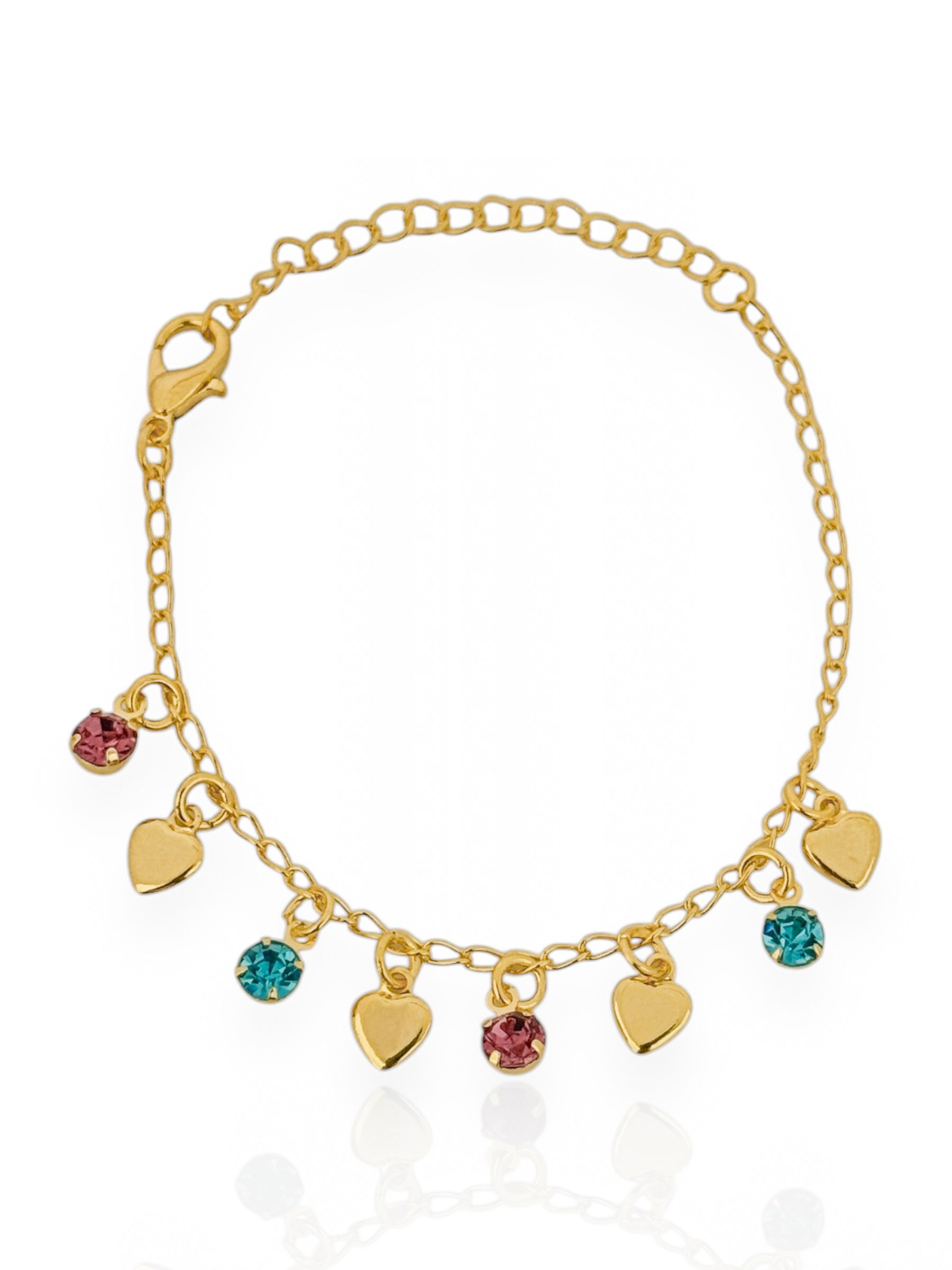 Pulseira Infantil Folheado a Ouro 18k e Prata, Cristais Coloridos Com Placas de Corações