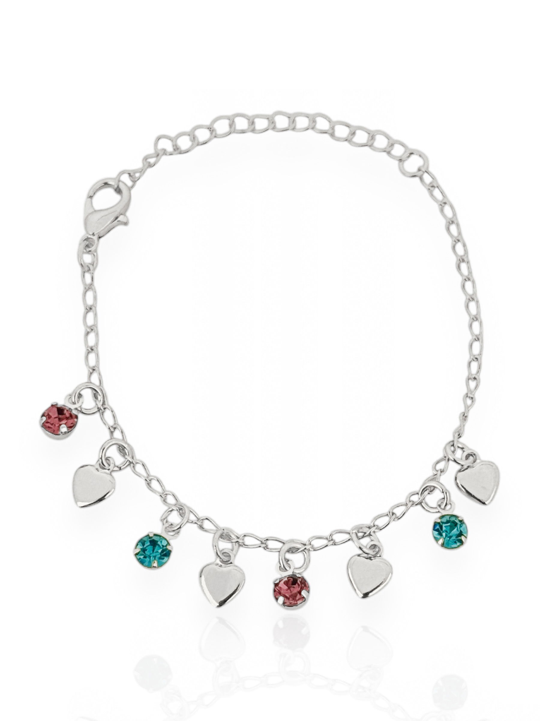 Pulseira Infantil Folheado a Ouro 18k e Prata, Cristais Coloridos Com Placas de Corações