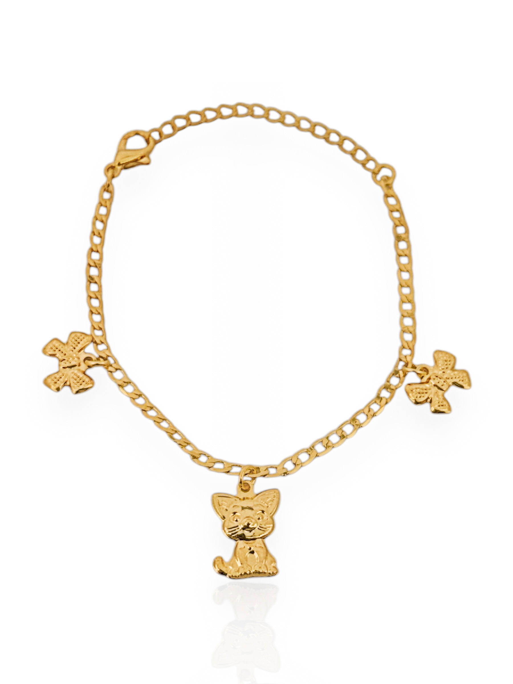 Pulseira Infantil Folheado a Ouro 18k e Prata, Laços Com Pingente de Gatinho