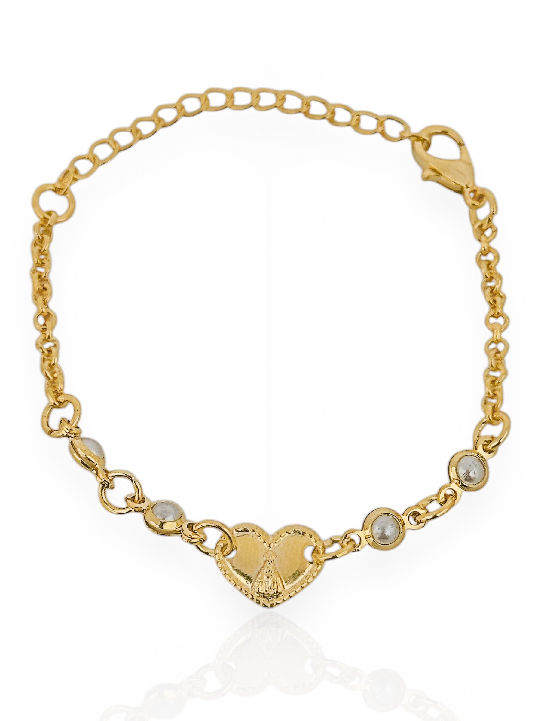 Pulseira Infantil Folheado a Ouro 18k e Prata, Pérola Coração Com Nossa senhora