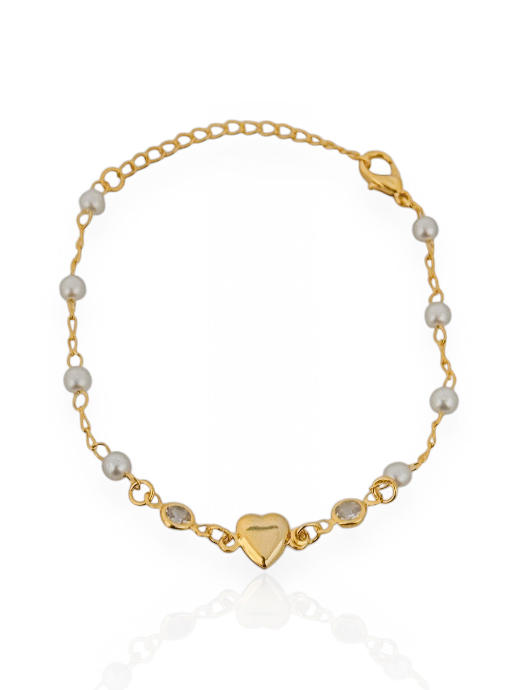 Pulseira Infantil Folheado a Prata, Pérolas Com Cristais e Corações