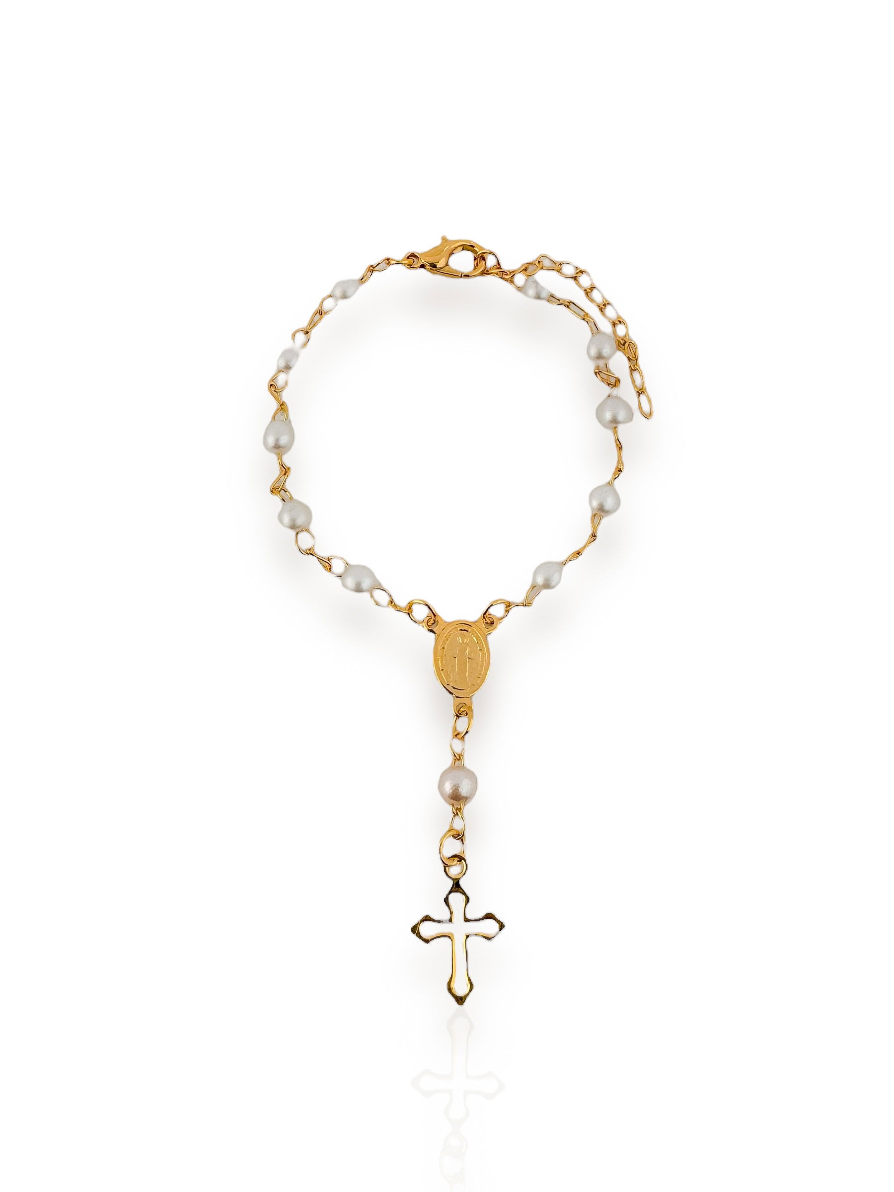 Pulseira Infantil folheado a ouro 18k e Prata Com Pérolas Com Cruz