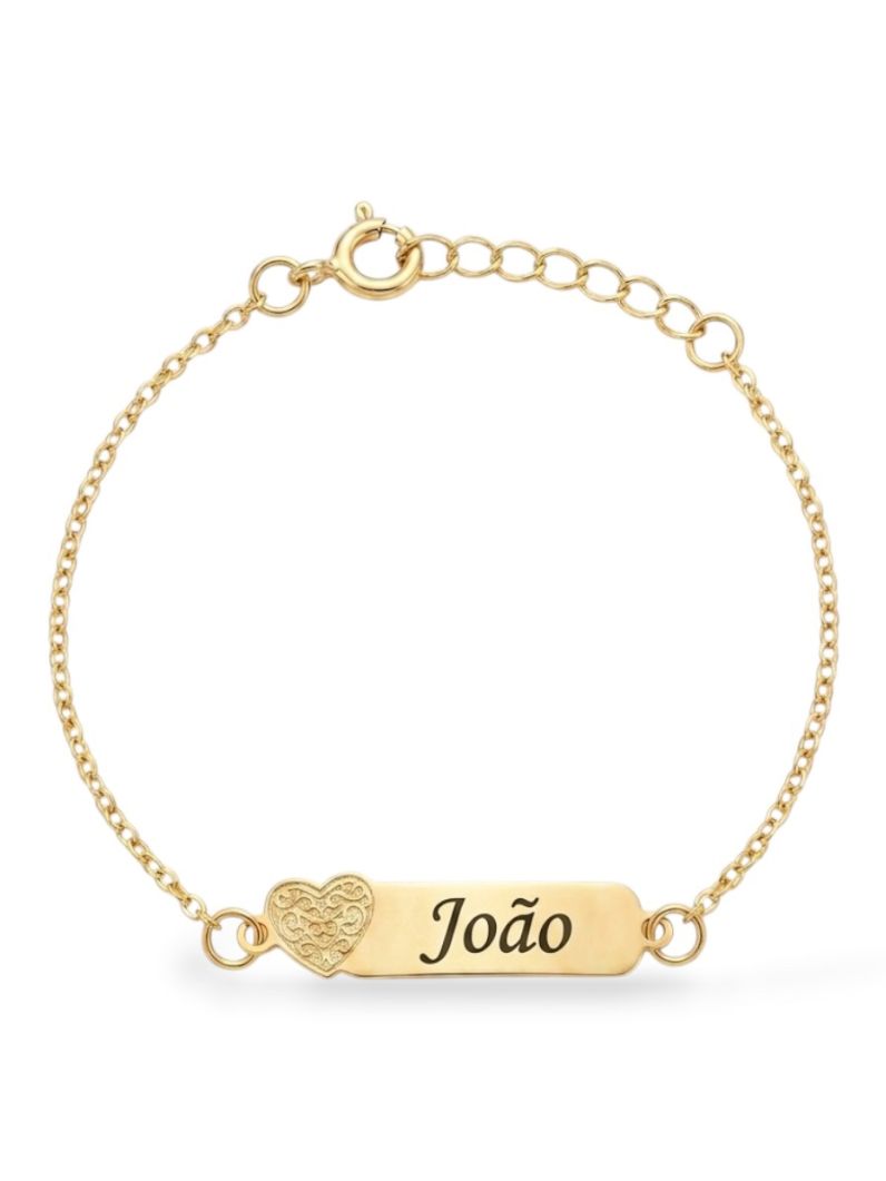 Pulseira Infantil Folheado a Ouro 18k Plaquinha Com Coração e Nomes
