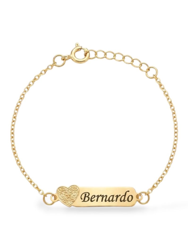 Pulseira Infantil Folheado a Ouro 18k Plaquinha Com Coração e Nomes