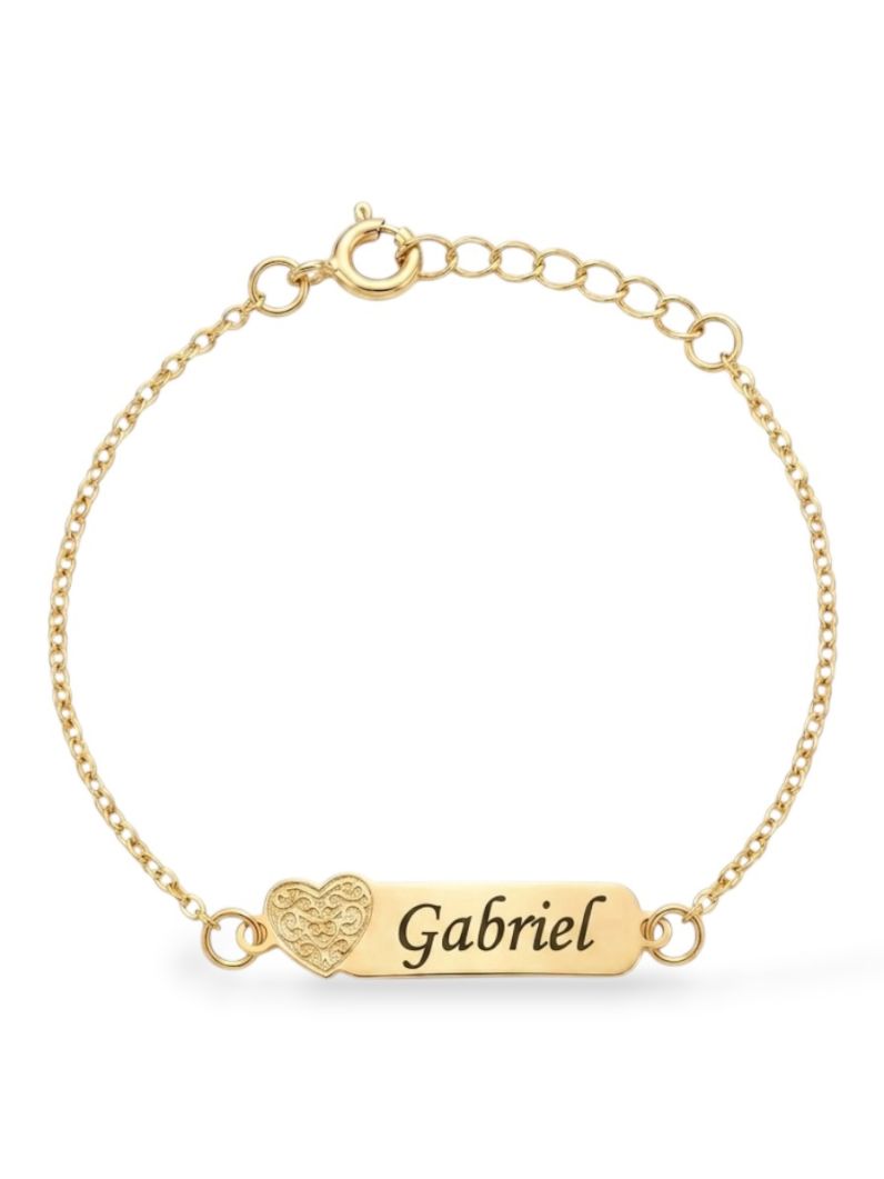 Pulseira Infantil Folheado a Ouro 18k Plaquinha Com Coração e Nomes