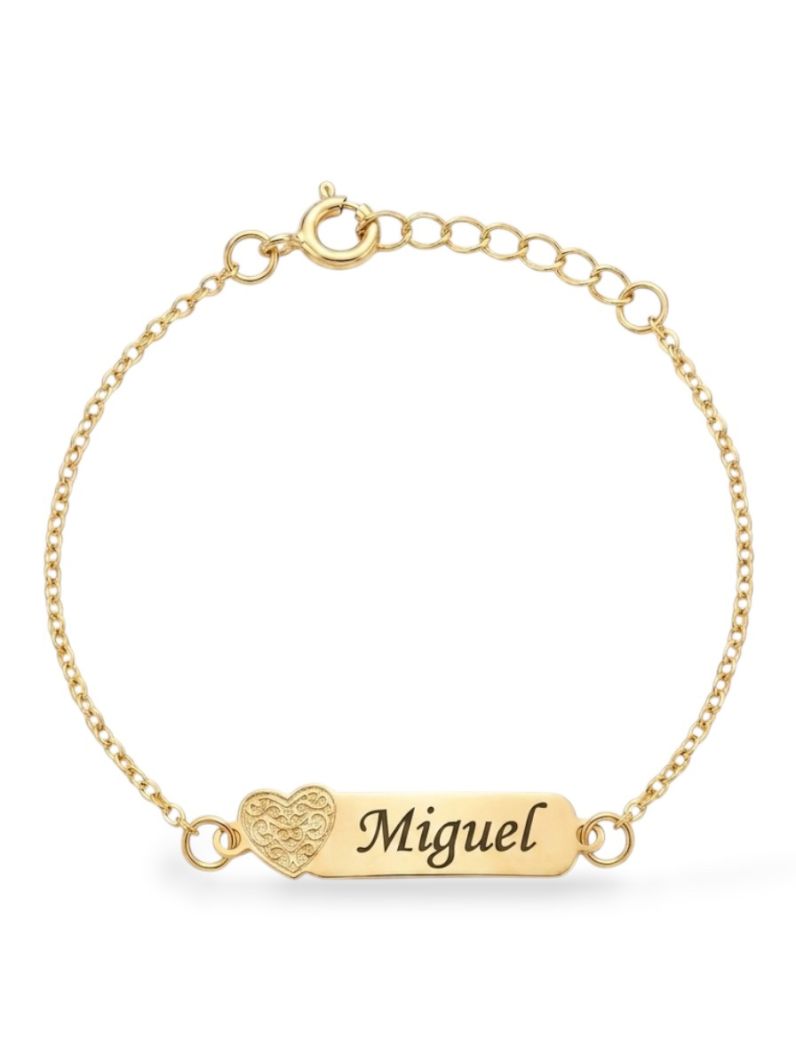 Pulseira Infantil Folheado a Ouro 18k Plaquinha Com Coração e Nomes
