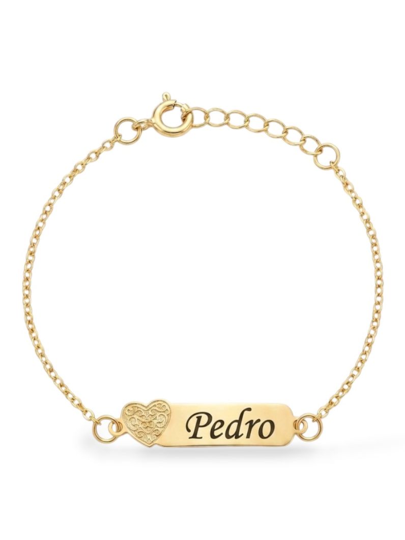 Pulseira Infantil Folheado a Ouro 18k Plaquinha Com Coração e Nomes