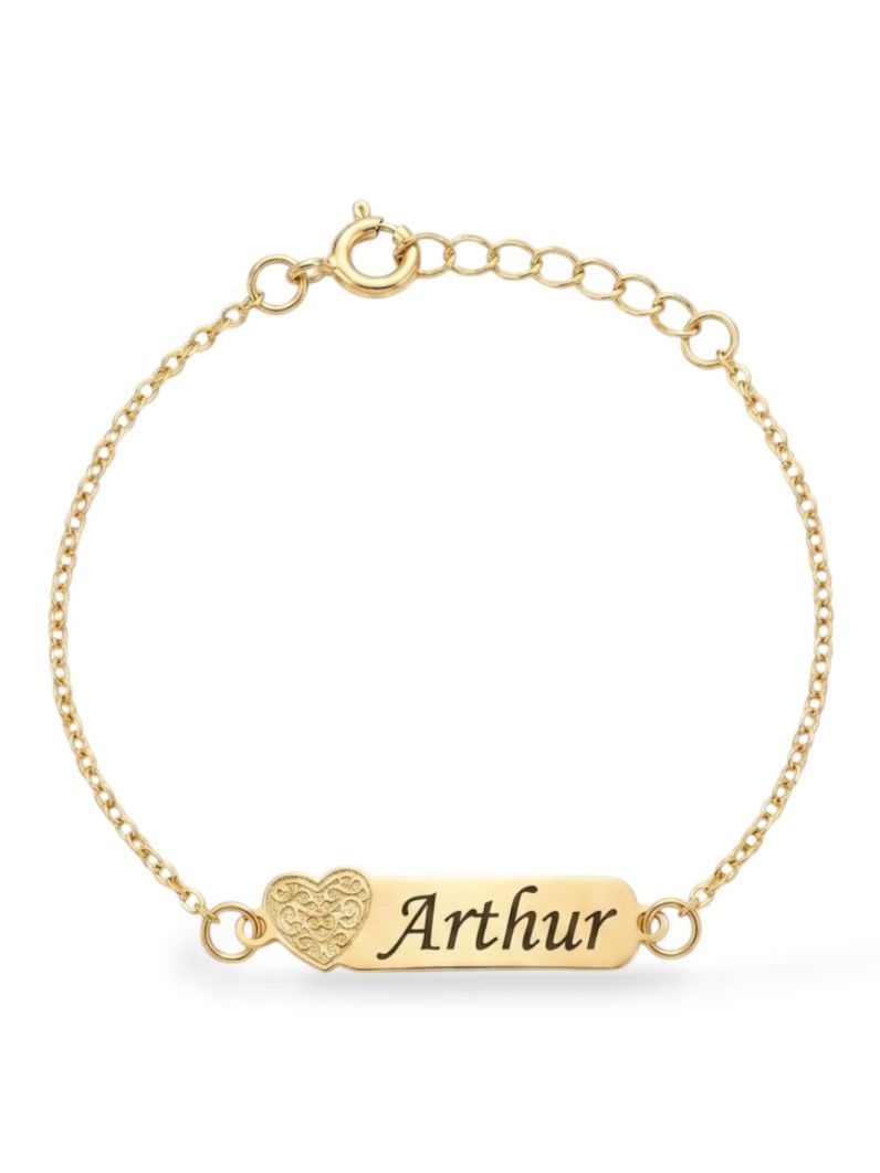 Pulseira Infantil Folheado a Ouro 18k Plaquinha Com Coração e Nomes