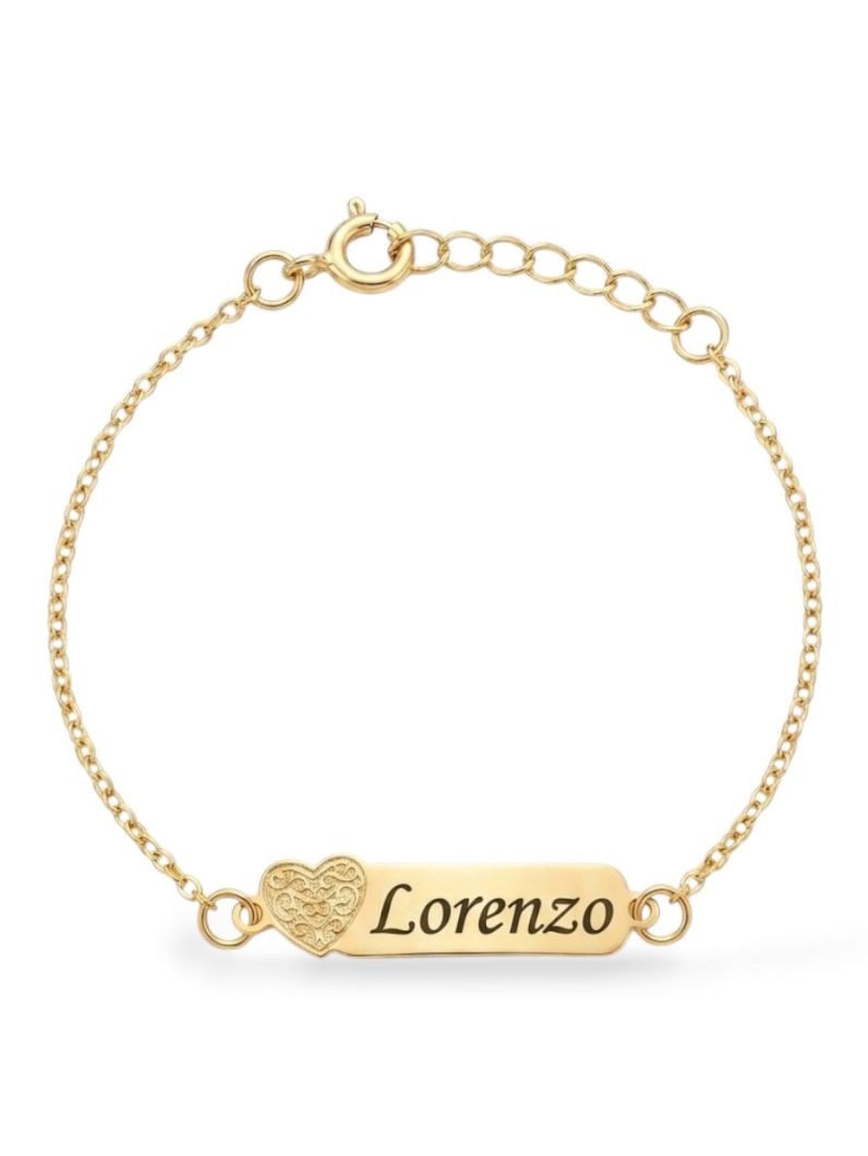 Pulseira Infantil Folheado a Ouro 18k Plaquinha Com Coração e Nomes