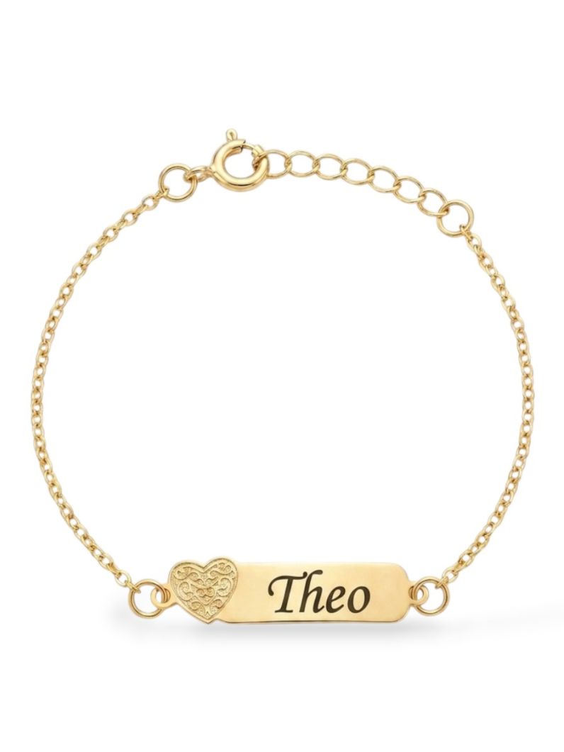 Pulseira Infantil Folheado a Ouro 18k Plaquinha Com Coração e Nomes