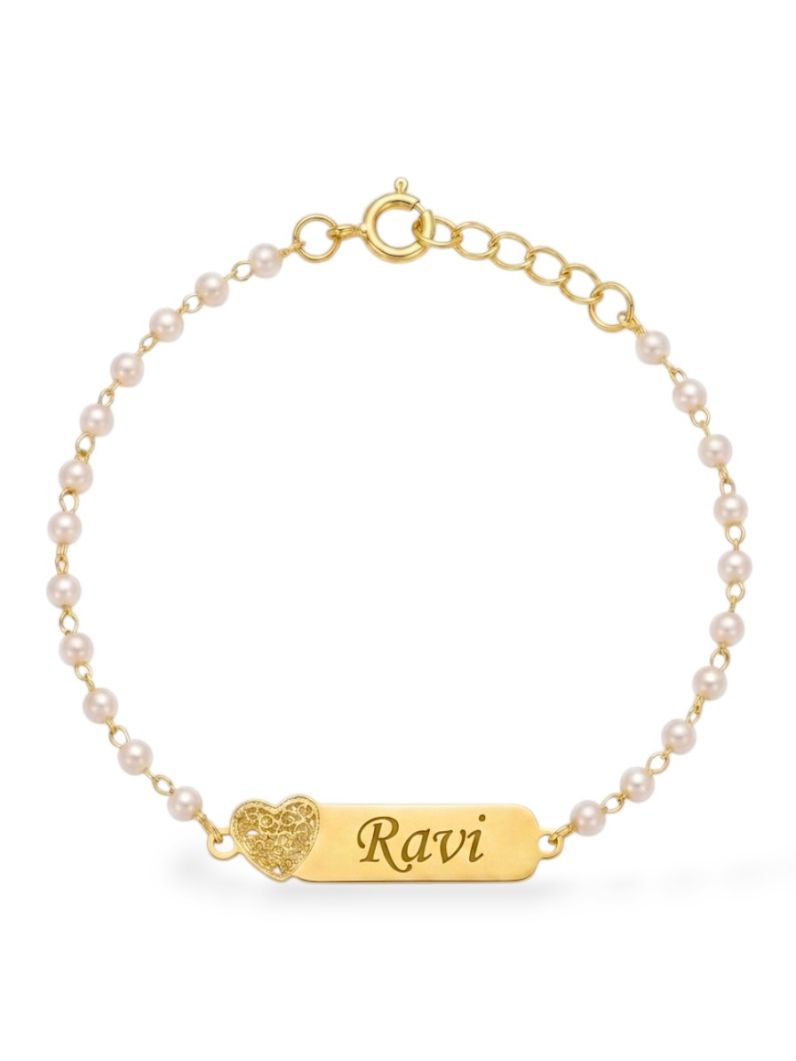 Pulseira Infantil Folheado a Ouro 18k Plaquinha Com Pérolas e Nomes
