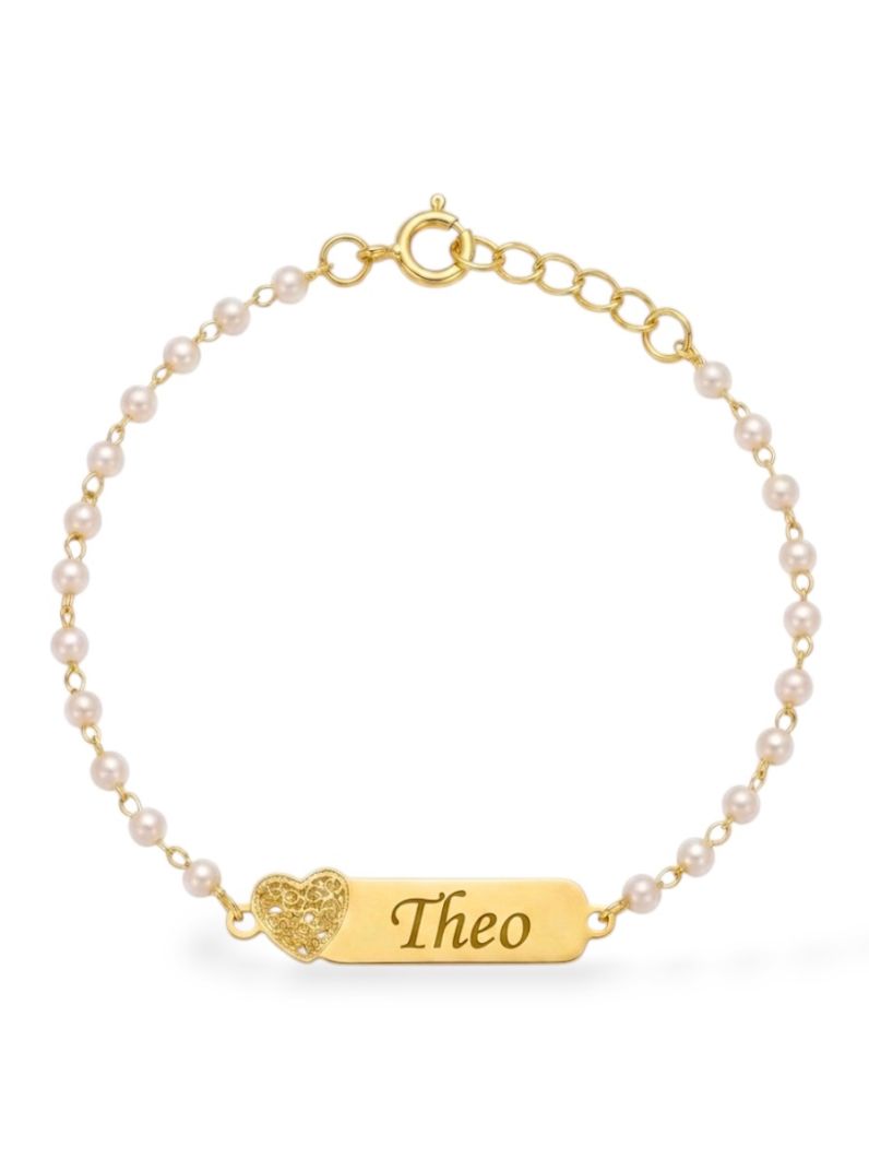 Pulseira Infantil Folheado a Ouro 18k Plaquinha Com Pérolas e Nomes