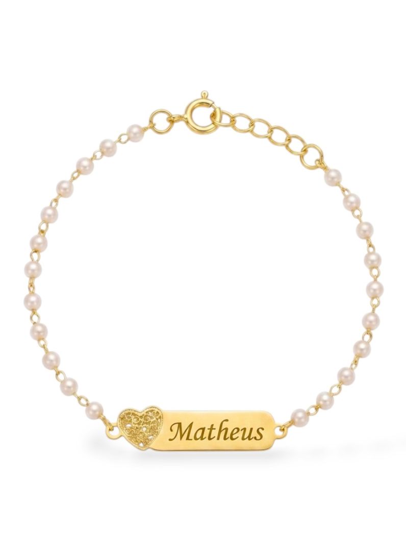 Pulseira Infantil Folheado a Ouro 18k Plaquinha Com Pérolas e Nomes