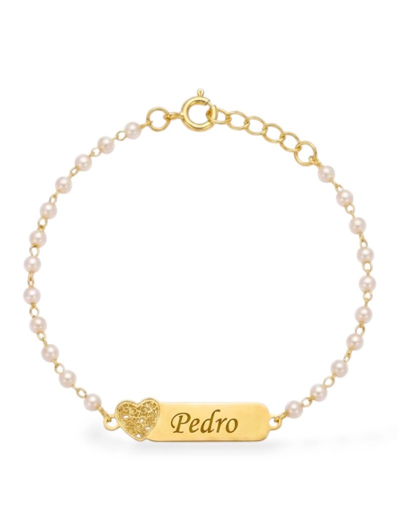 Pulseira Infantil Folheado a Ouro 18k Plaquinha Com Pérolas e Nomes