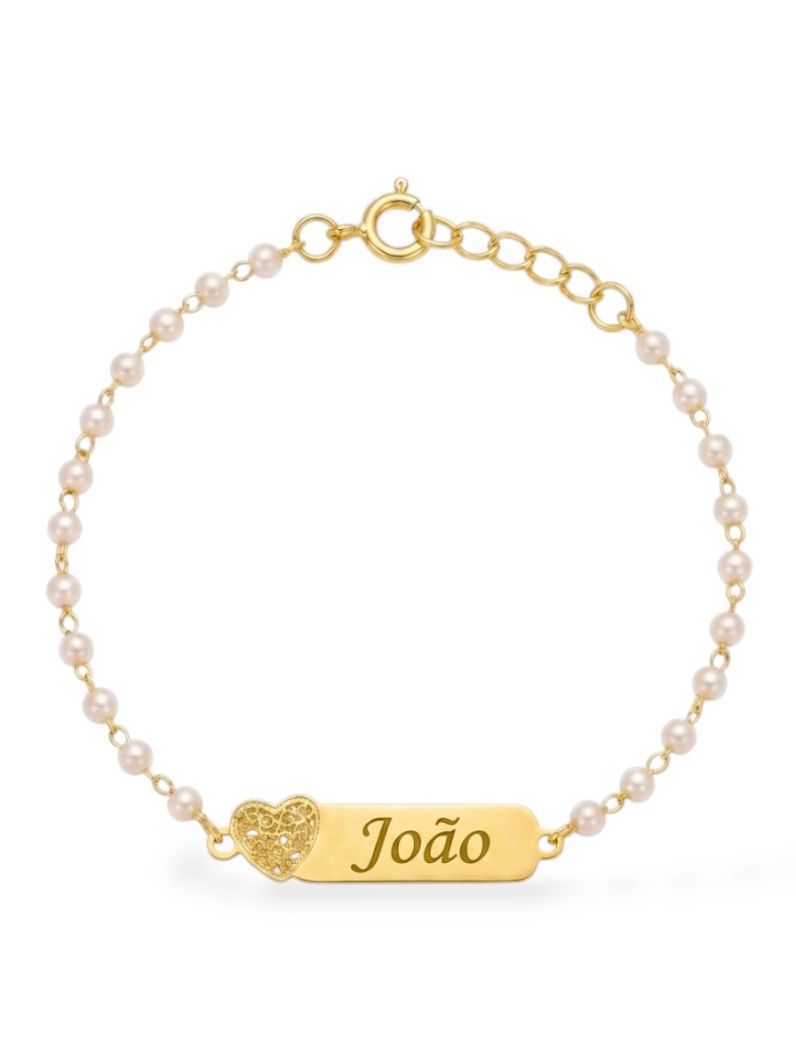 Pulseira Infantil Folheado a Ouro 18k Plaquinha Com Pérolas e Nomes