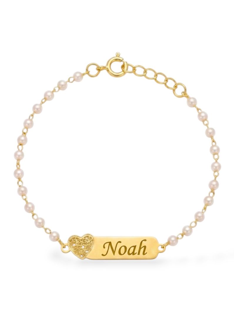 Pulseira Infantil Folheado a Ouro 18k Plaquinha Com Pérolas e Nomes