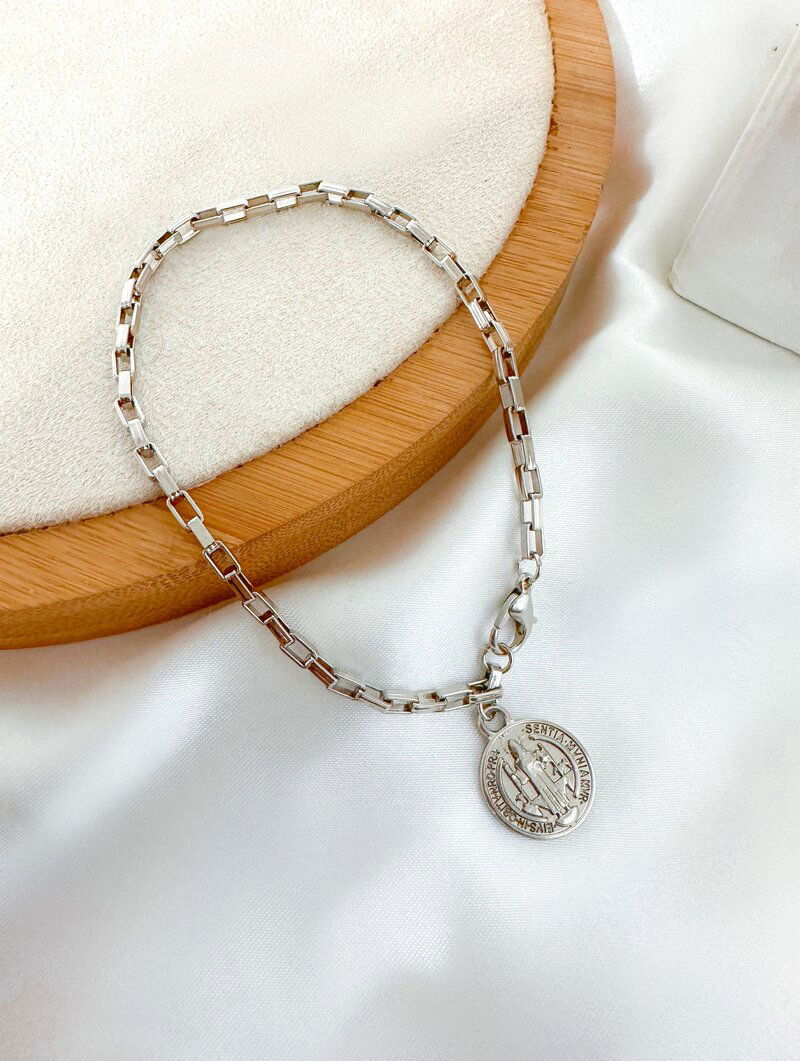 Pulseira Masculina Semi Joia Niquel Medalha São Bento