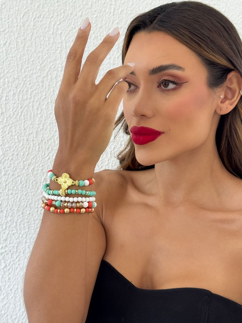 Pulseira Miçangas, Cristais e Moeda Folheado a Ouro 18k