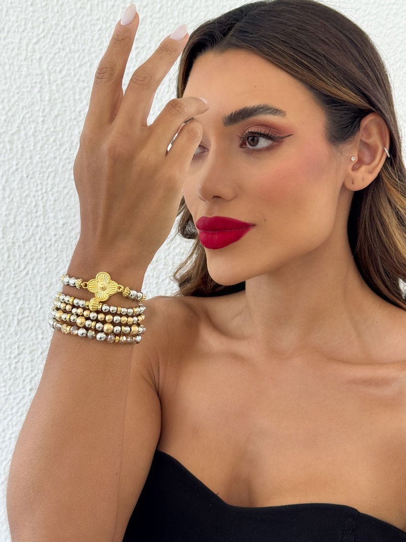 Pulseira Miçangas, Cristais e Moeda Folheado a Ouro 18k