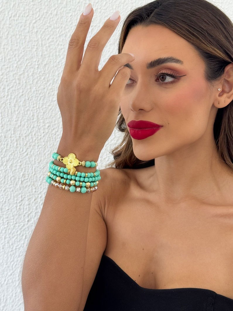 Pulseira Miçangas, Cristais e Moeda Folheado a Ouro 18k