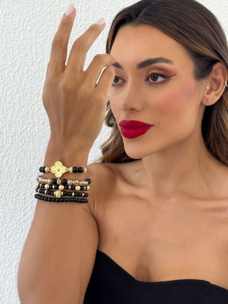 Pulseira Miçangas, Cristais e Moeda Folheado a Ouro 18k