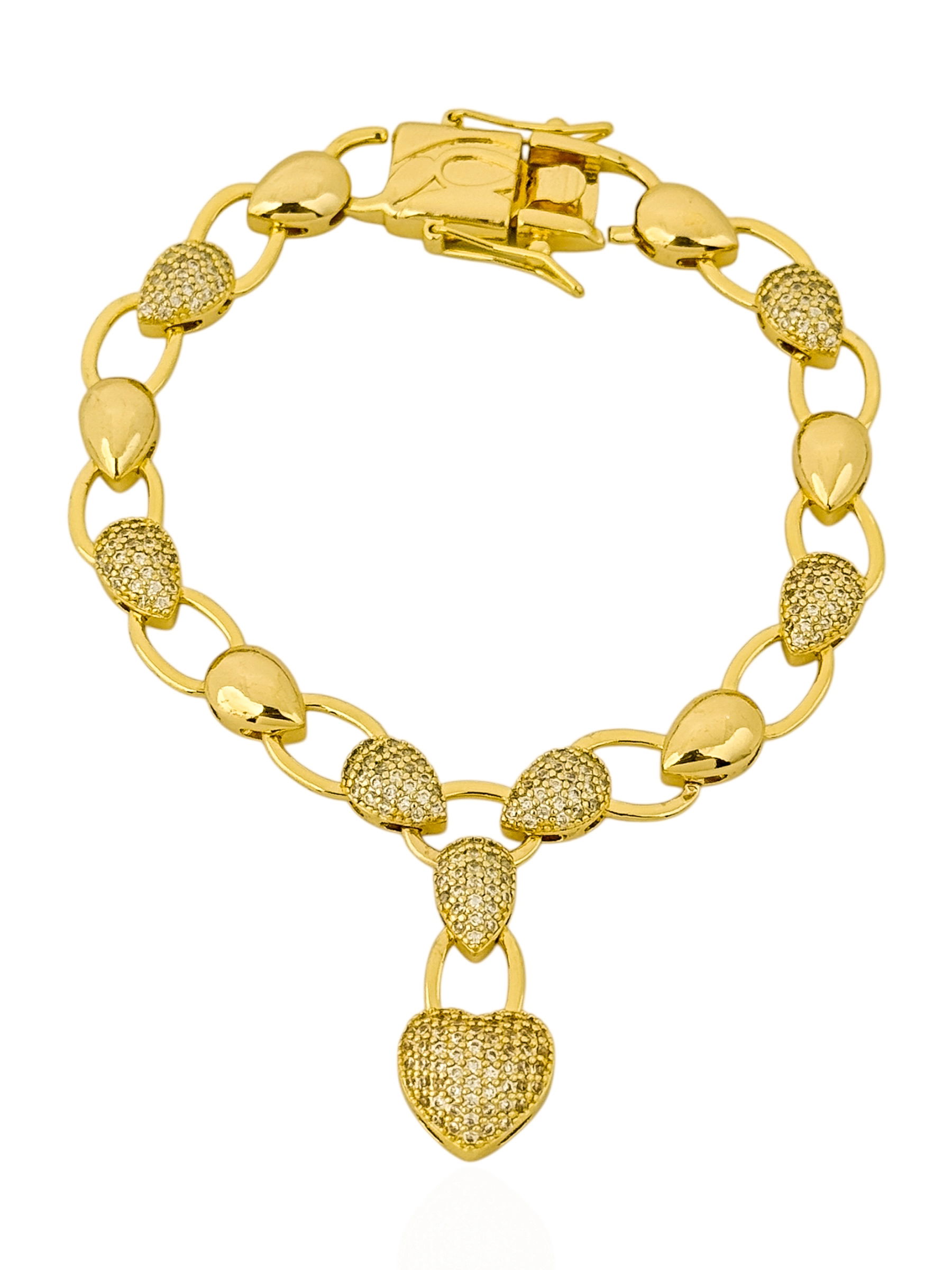 Pulseira Semi Joia Design Coração e Gotas Cravejadas