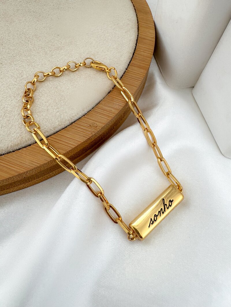 Pulseira Semi Joia Pingente Retangular Com Frases