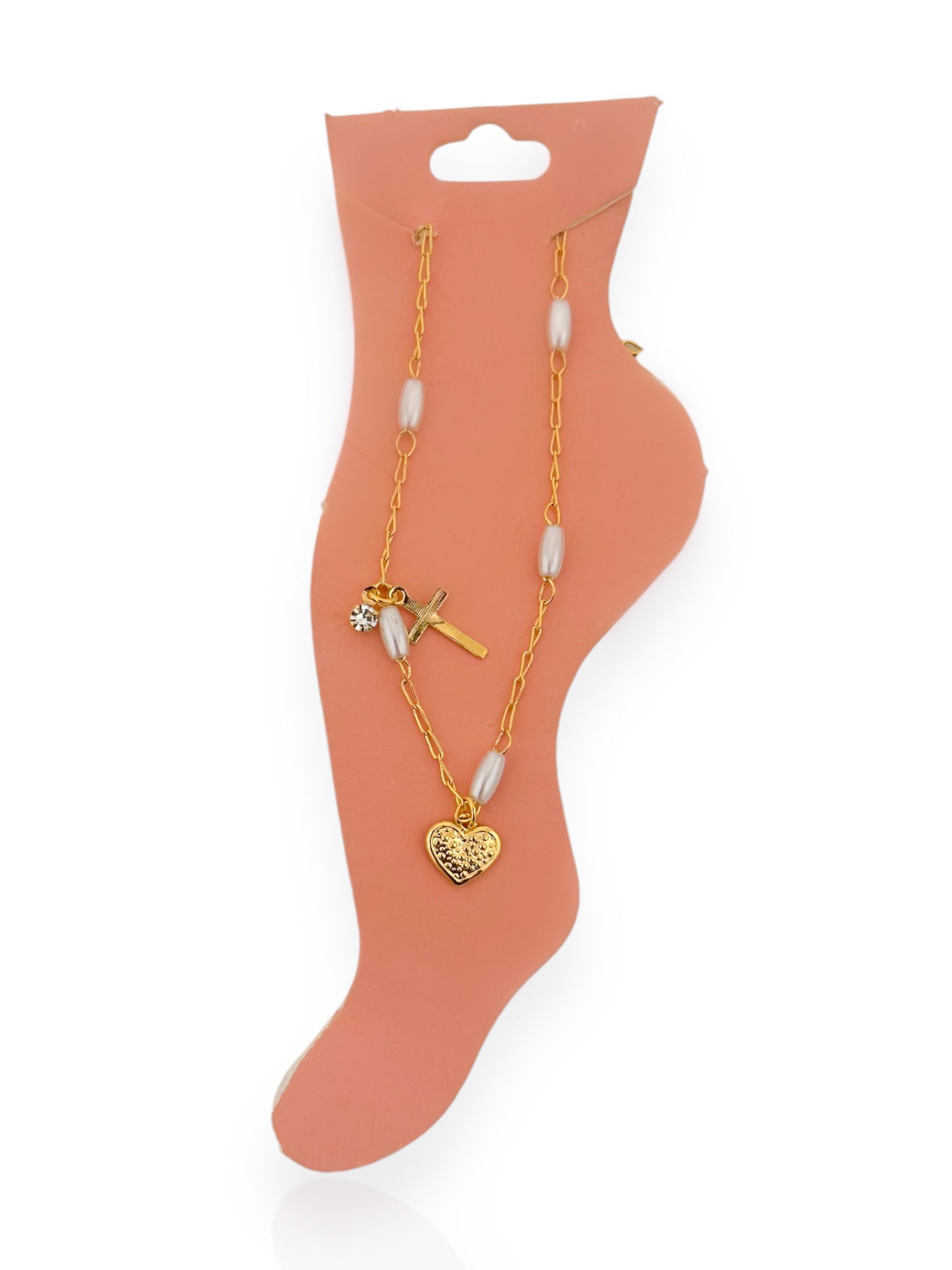 Tornozeleira Folheada a Ouro 18k e Prata Com Pérola Pingente de Coração