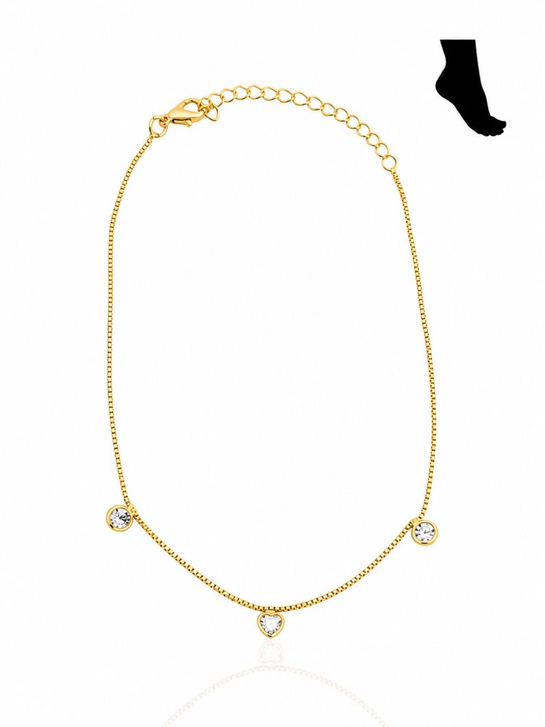 Tornozeleira Folheada a Ouro 18k e Prata Coração Cristal