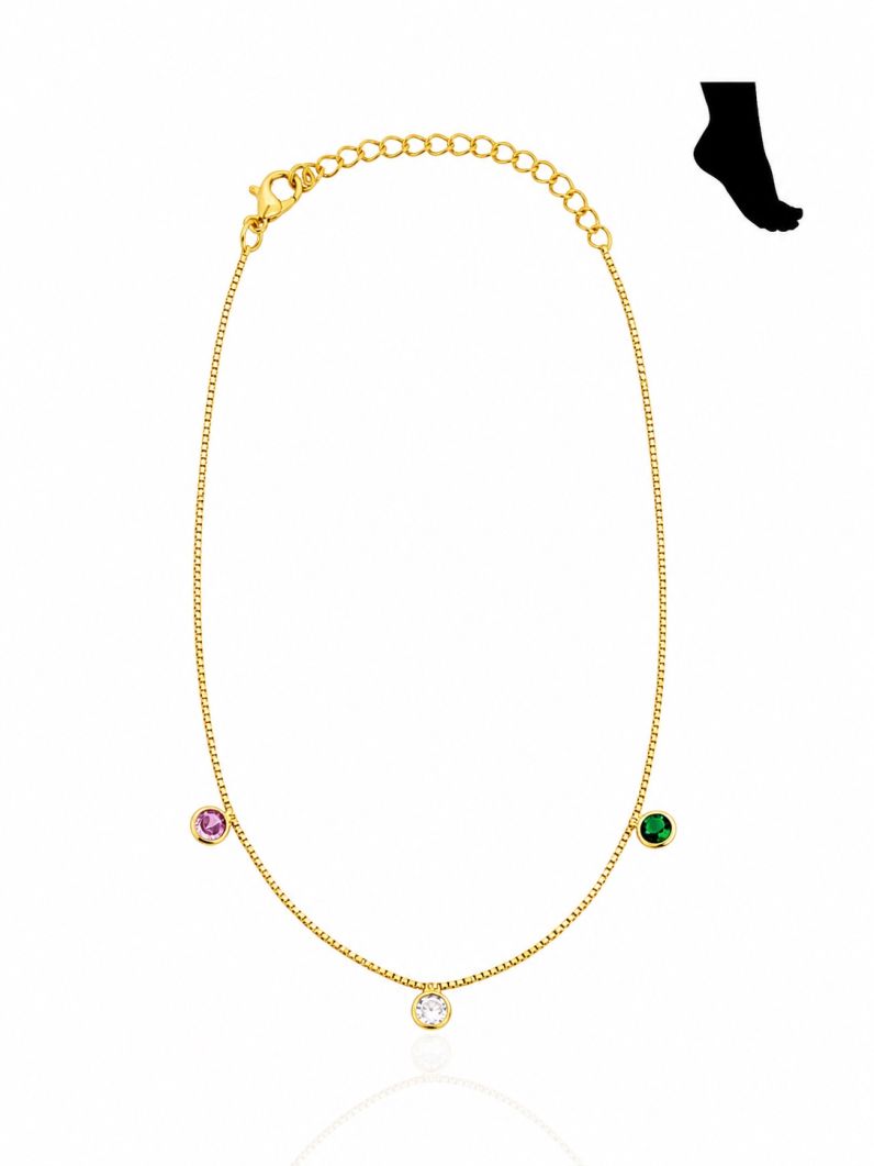 Tornozeleira Folheada a Ouro 18k e Prata Cristais Coloridos