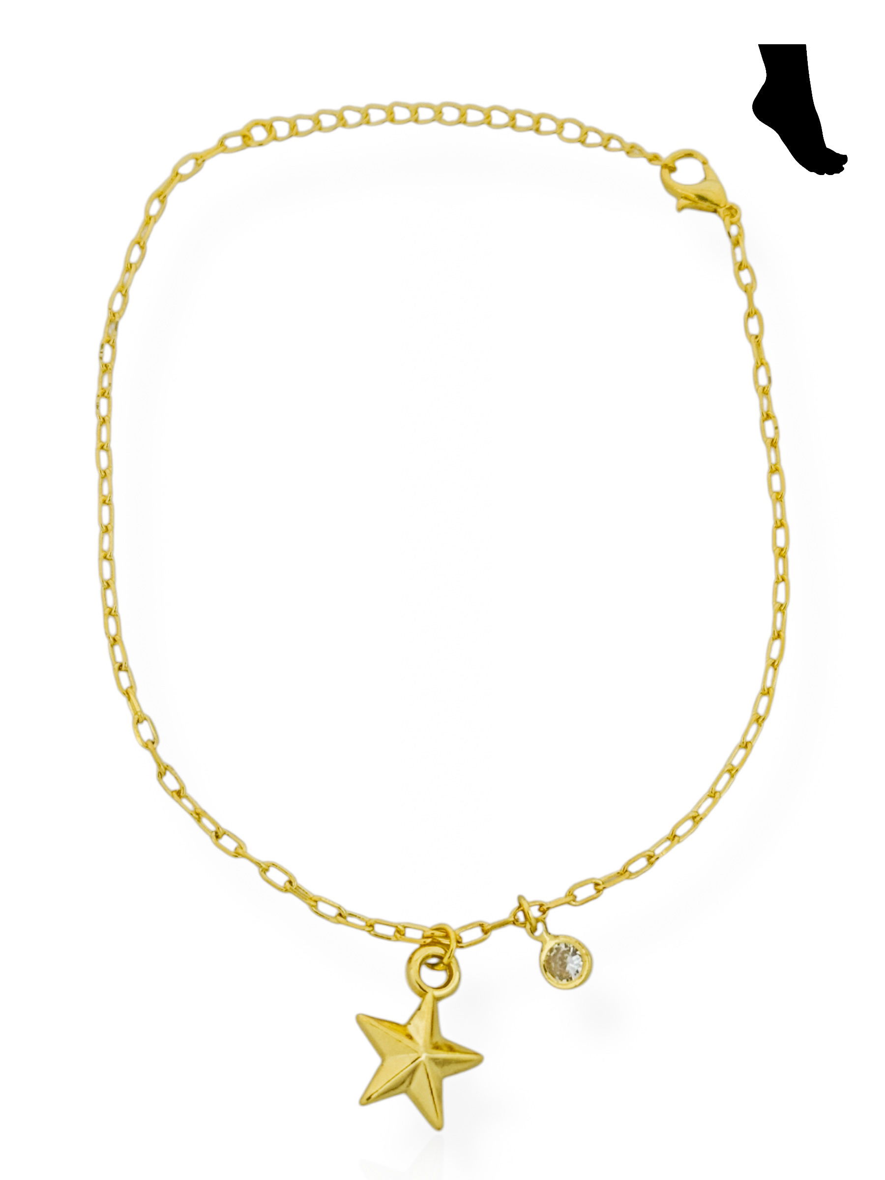 Tornozeleira Folheada a Ouro 18k e Prata Estrela Com Cristal