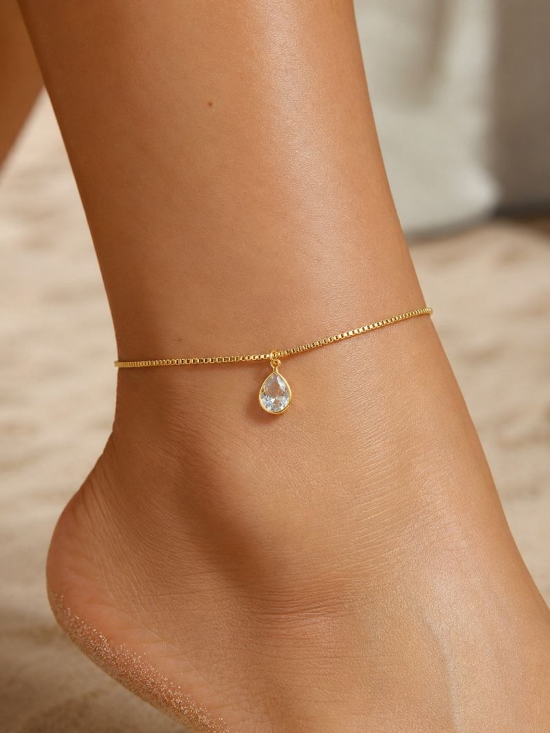 Tornozeleira Folheada a Ouro 18k e Prata Gota Cristal