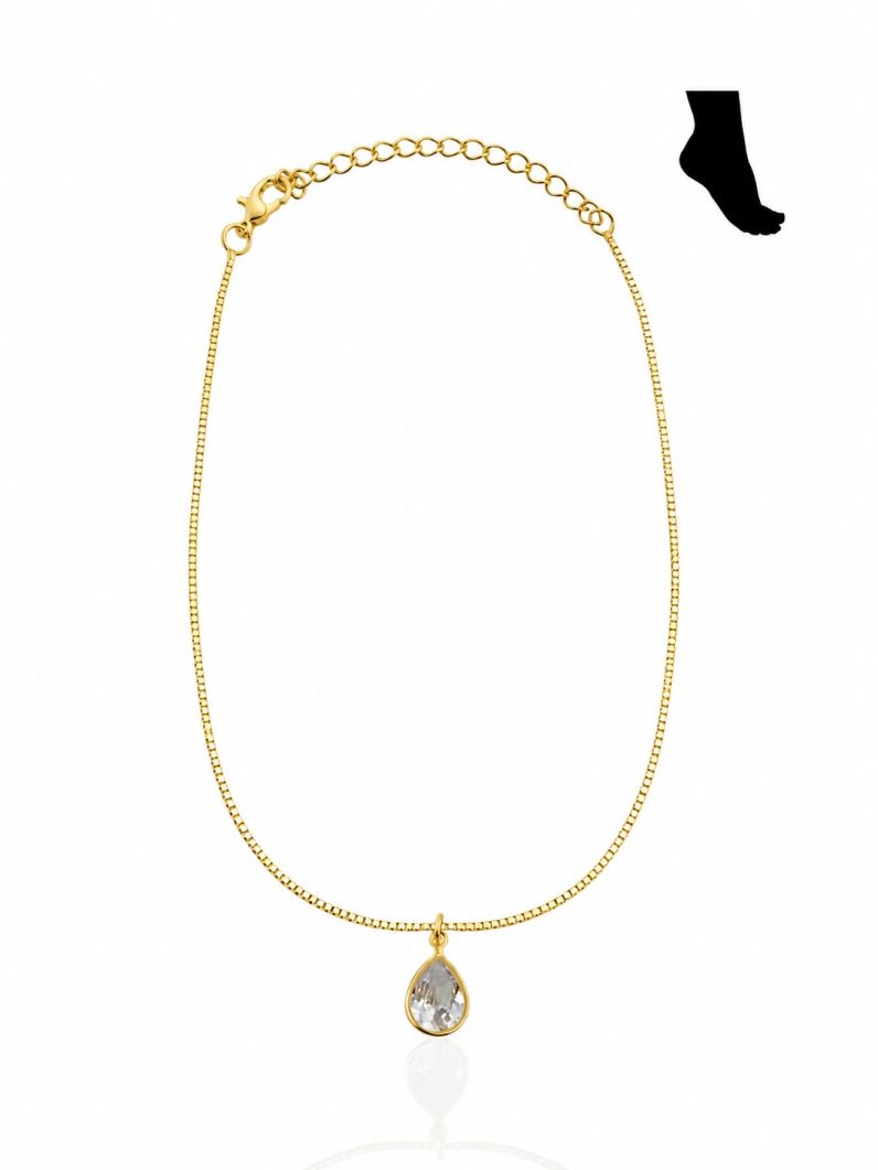 Tornozeleira Folheada a Ouro 18k e Prata Gota Cristal