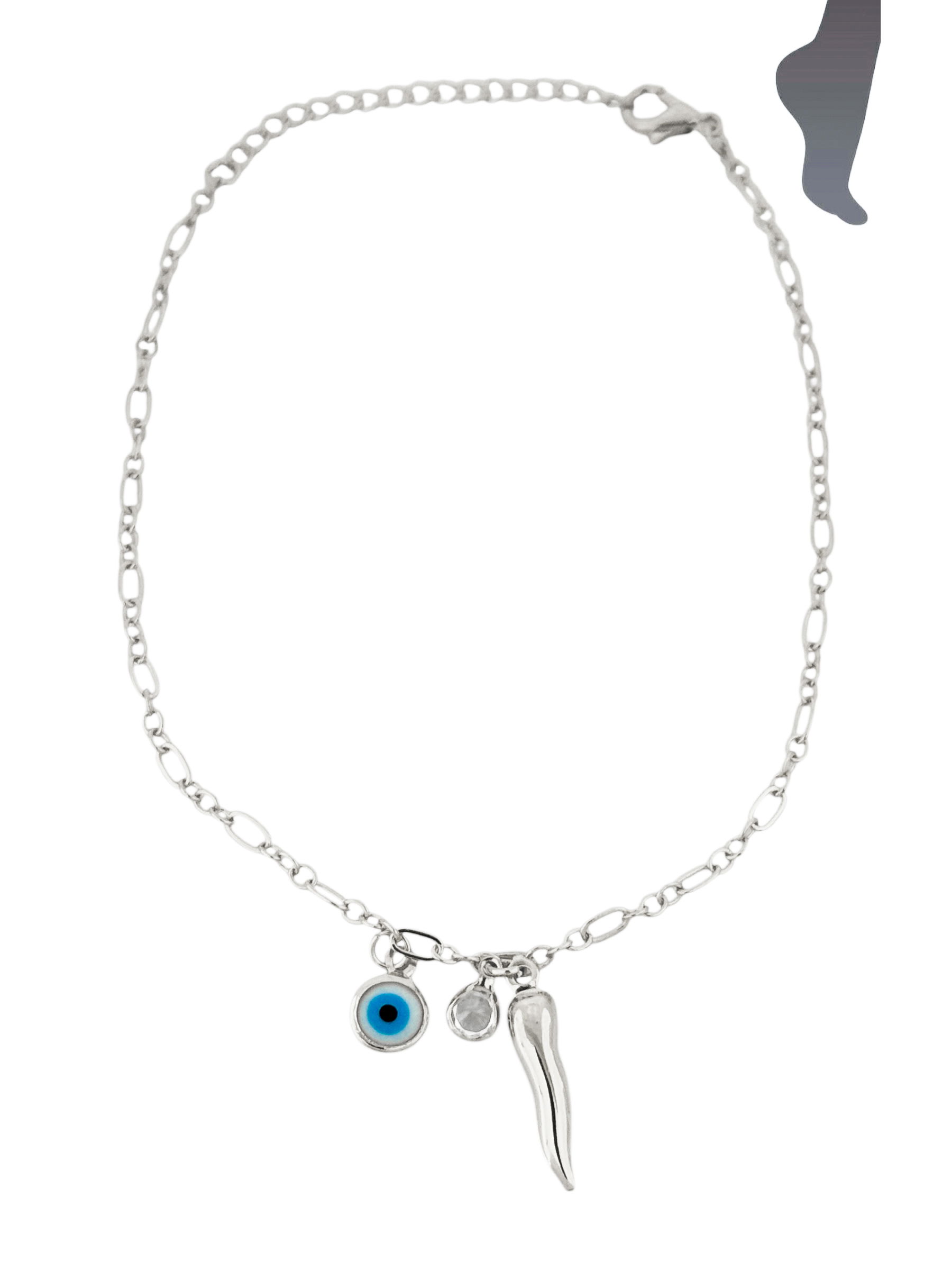 Tornozeleira Folheada a Ouro 18k e Prata Olho Grego, Ponto de Luz e Fio