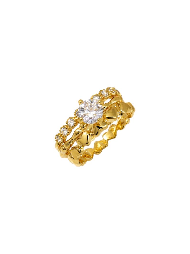 Trio de Anel Folheado a Ouro 18k e Prata Coração Lisa e Cristal