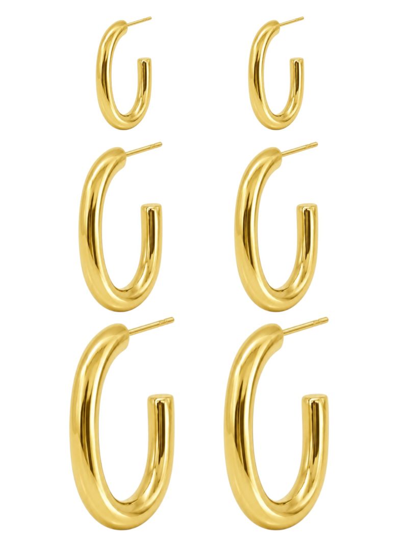 Trio de Brinco Aço Inoxidável Folheado a Ouro 18k Argola Oval