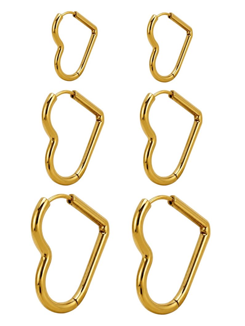 Trio de Brinco Aço Inoxidável Folheado a Ouro 18k Argolas Design Coração