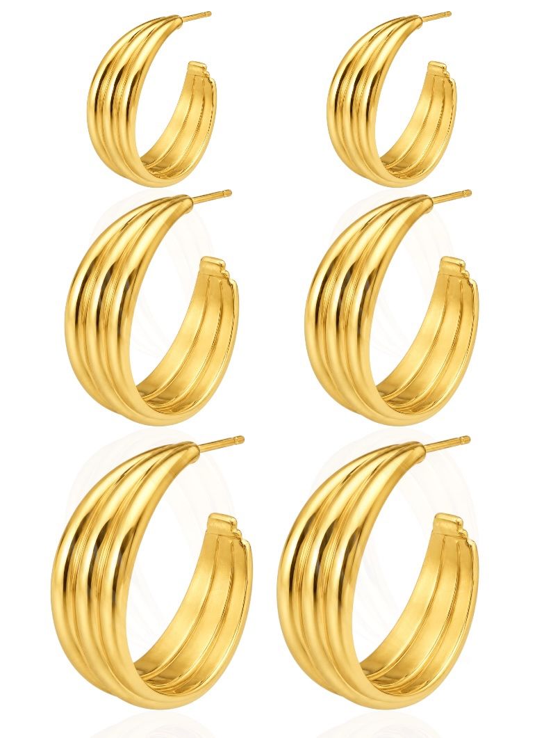 Trio de Brinco Aço Inoxidável Folheado a Ouro 18k Argolas Fios Torcidos
