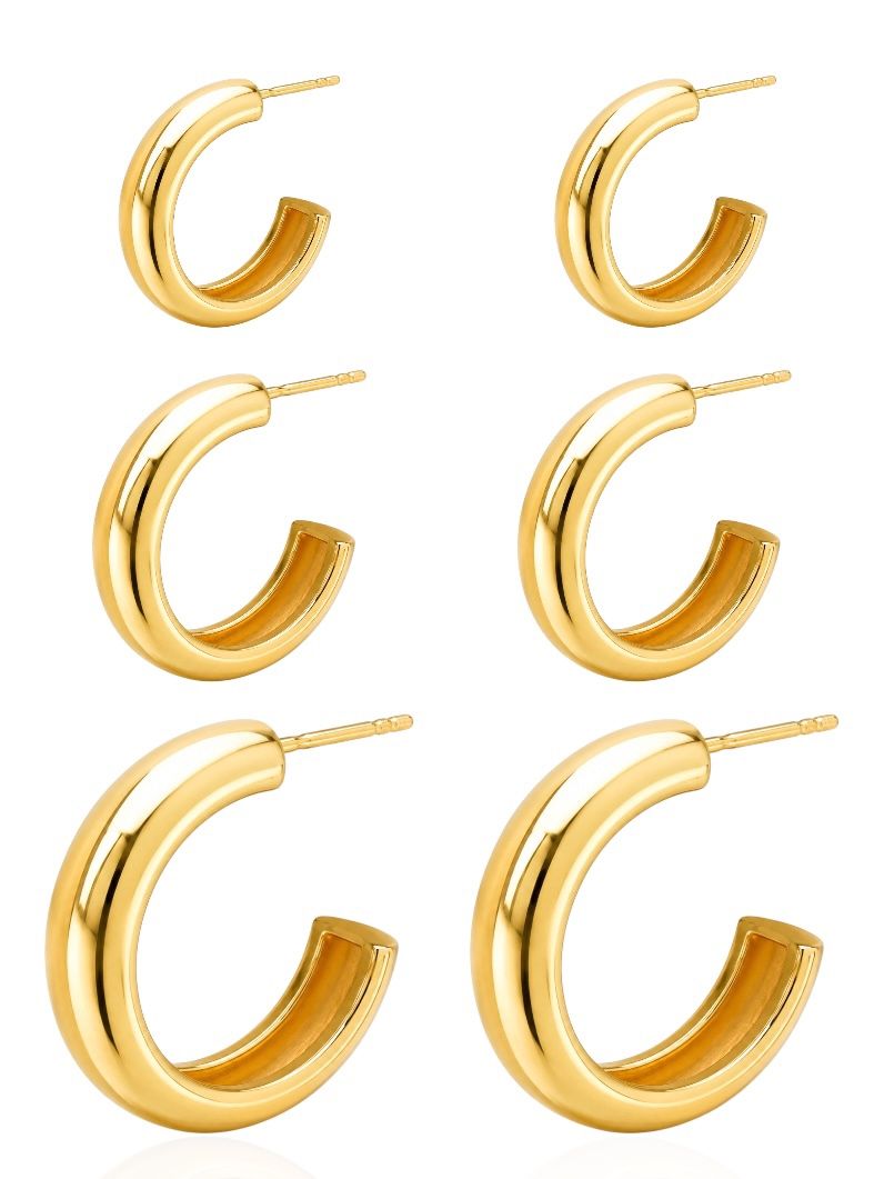 Trio de Brinco Aço Inoxidável Folheado a Ouro 18k Argolas Lisas P, M e G
